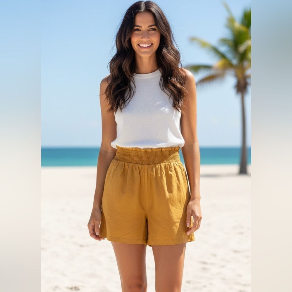 Take 50% OFF- Shein Curve Linen Yellow Women's Shorts, Size-3XL